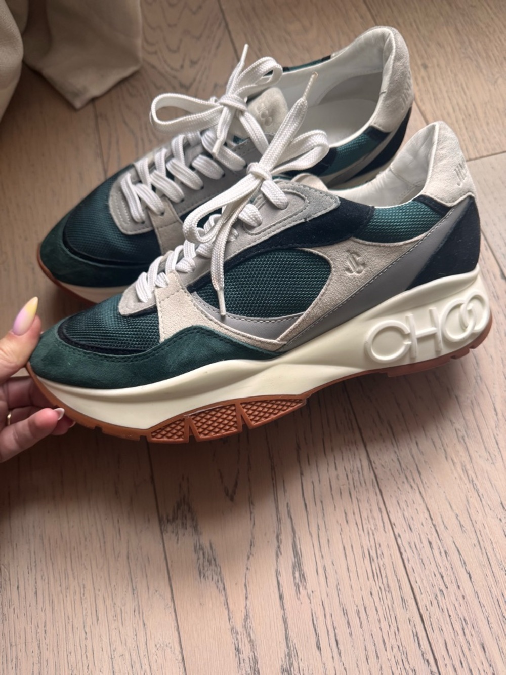 Jimmy Choo Green Suede and Mesh Chunky Sneakers with Cream Sole